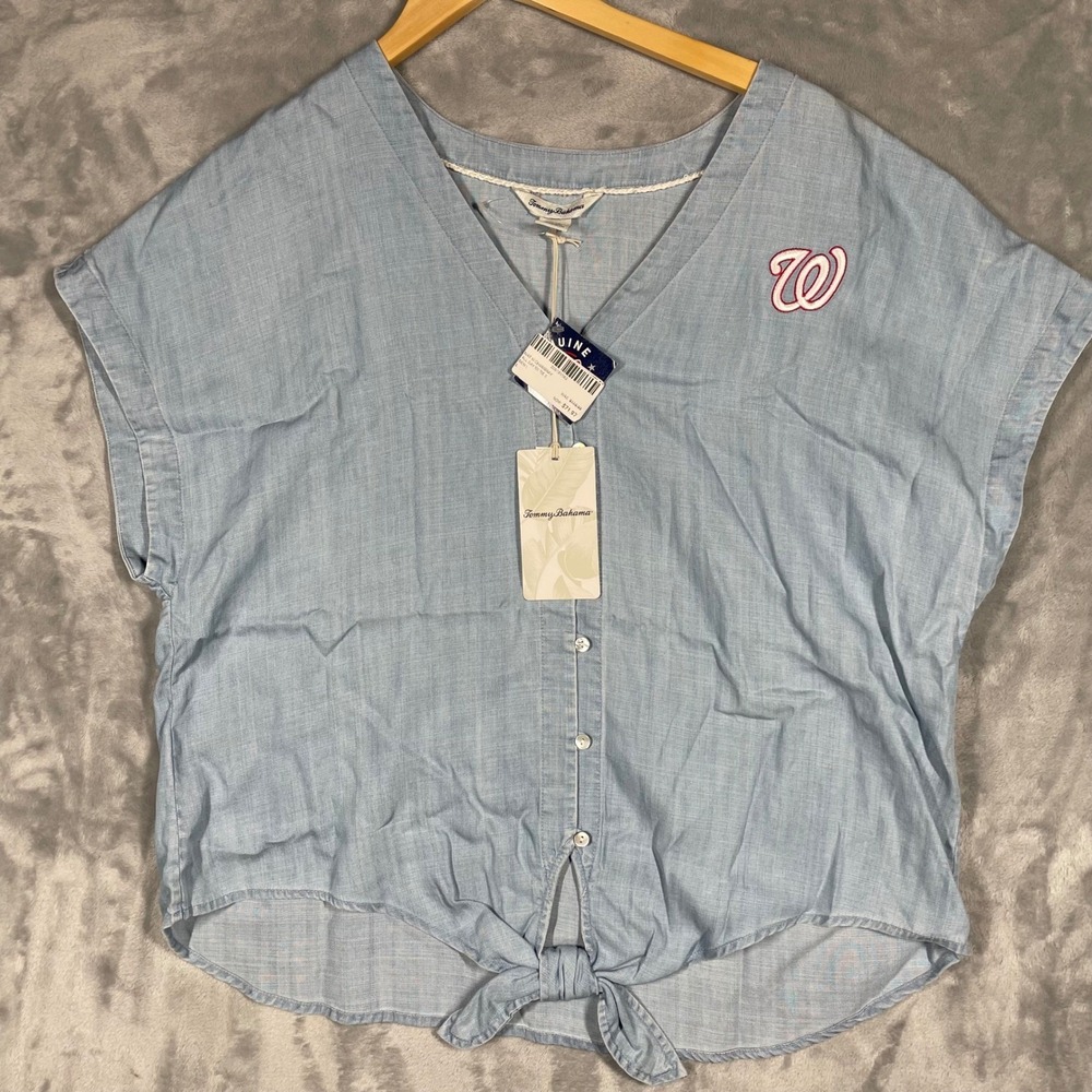 Tommy Bahama MLB Washington Nationals Chambray Tie Front Top Blue Womens L NEW